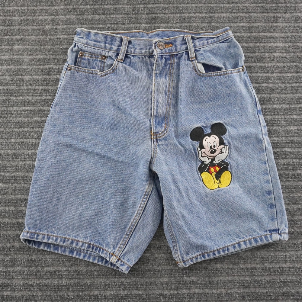 Vintage 90s Mickey Inc Denim Shorts Womens M Blue Embroidered Patch High Waisted